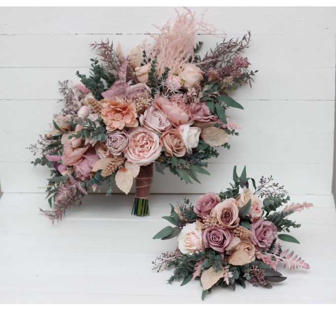 Wedding bouquets in mauve blush pink colors. Bridal bouquet. Cascading bouquet. Faux bouquet. Bridesmaid bouquet. 0503