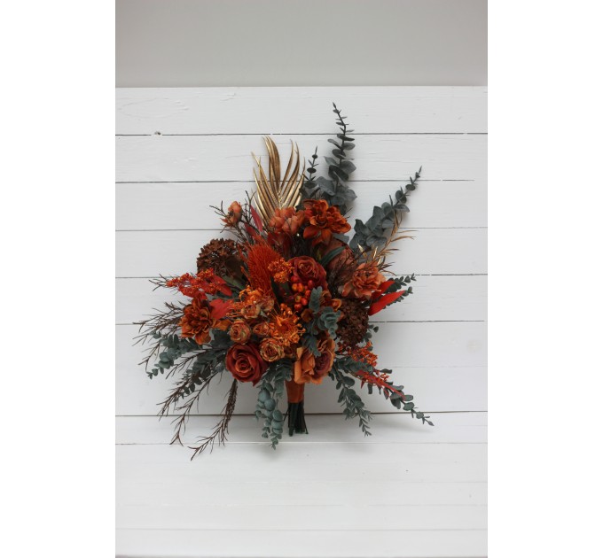 Wedding bouquets in rust terracotta burnt orange  colors. Bridal bouquet.  Faux bouquet. Cascading bouquet. Bridesmaid bouquet. Banksia bouquet. 0505