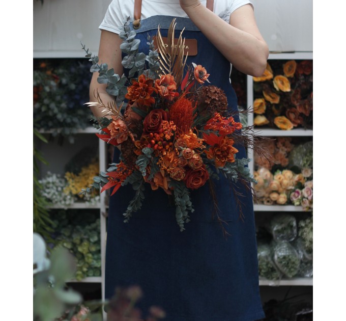 Wedding bouquets in rust terracotta burnt orange  colors. Bridal bouquet.  Faux bouquet. Cascading bouquet. Bridesmaid bouquet. Banksia bouquet. 0505