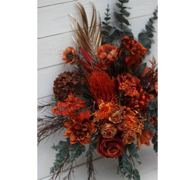 Wedding bouquets in rust terracotta burnt orange  colors. Bridal bouquet.  Faux bouquet. Cascading bouquet. Bridesmaid bouquet. Banksia bouquet. 0505