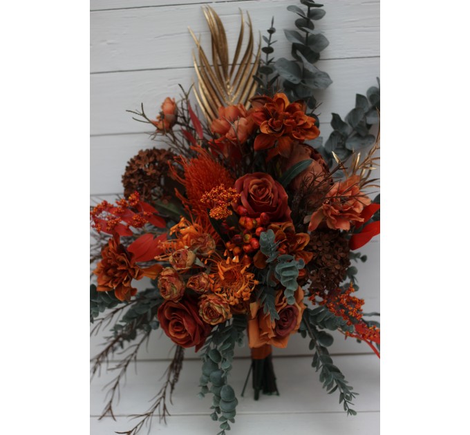 Wedding bouquets in rust terracotta burnt orange  colors. Bridal bouquet.  Faux bouquet. Cascading bouquet. Bridesmaid bouquet. Banksia bouquet. 0505