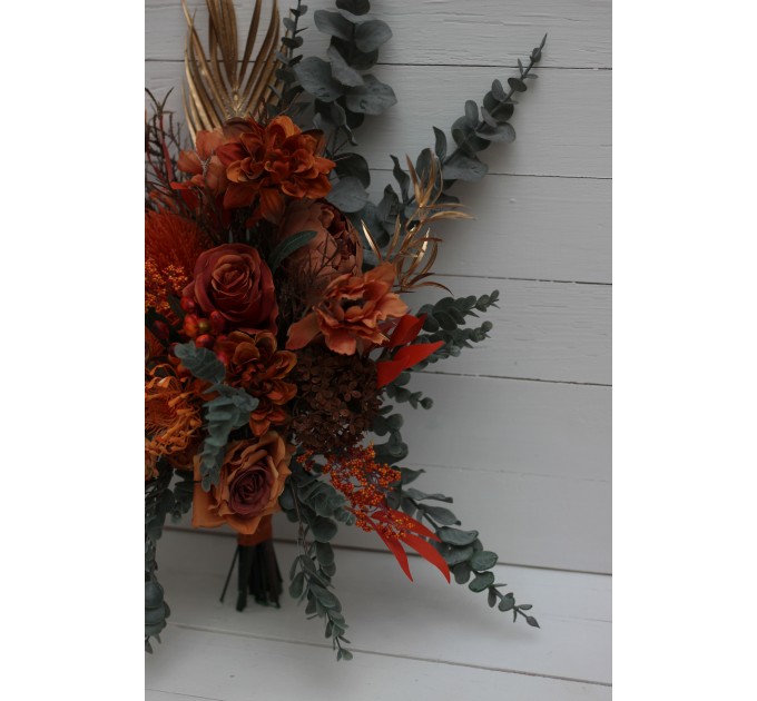 Wedding bouquets in rust terracotta burnt orange  colors. Bridal bouquet.  Faux bouquet. Cascading bouquet. Bridesmaid bouquet. Banksia bouquet. 0505