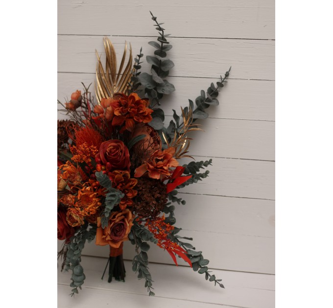 Wedding bouquets in rust terracotta burnt orange  colors. Bridal bouquet.  Faux bouquet. Cascading bouquet. Bridesmaid bouquet. Banksia bouquet. 0505