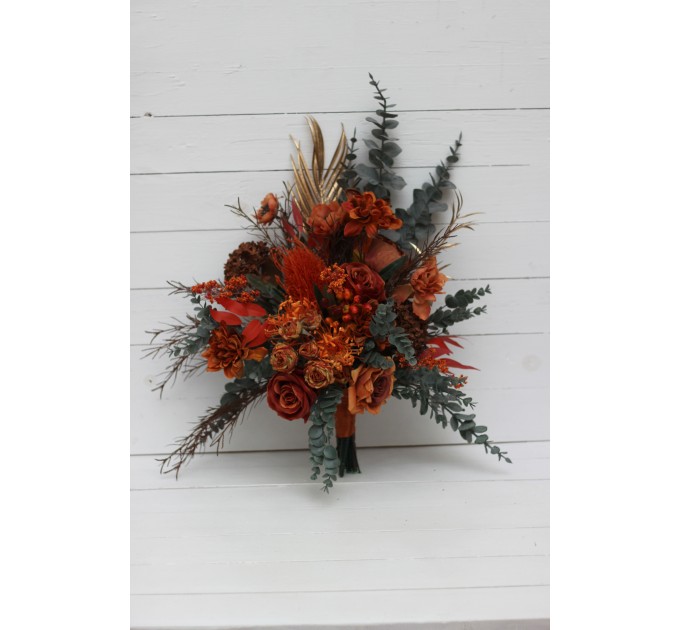 Wedding bouquets in rust terracotta burnt orange  colors. Bridal bouquet.  Faux bouquet. Cascading bouquet. Bridesmaid bouquet. Banksia bouquet. 0505