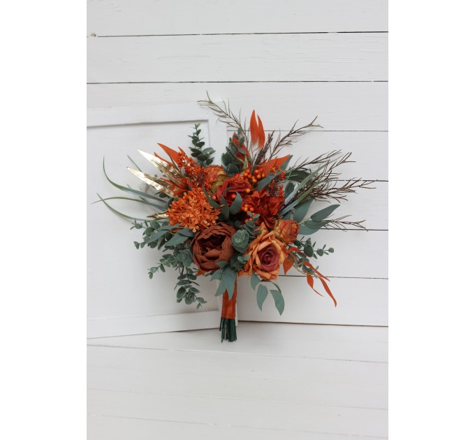Wedding bouquets in rust terracotta burnt orange  colors. Bridal bouquet.  Faux bouquet. Cascading bouquet. Bridesmaid bouquet. Banksia bouquet. 0505
