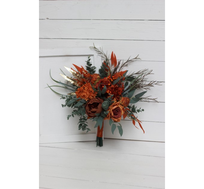 Wedding bouquets in rust terracotta burnt orange  colors. Bridal bouquet.  Faux bouquet. Cascading bouquet. Bridesmaid bouquet. Banksia bouquet. 0505