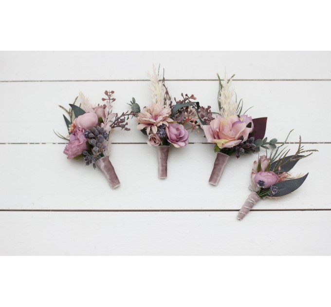  Wedding boutonnieres and wrist corsage  in mauve blush pink  color theme. Flower accessories. 0503