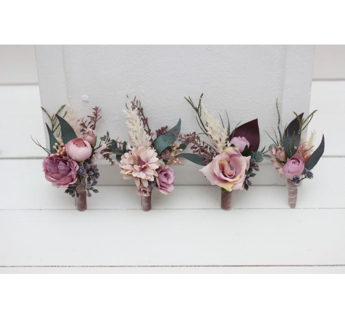  Wedding boutonnieres and wrist corsage  in mauve blush pink  color theme. Flower accessories. 0503