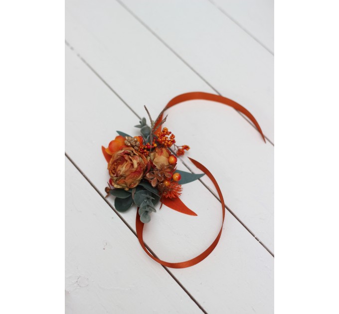 Wedding Boutonnieres & Wrist Corsage in Rust, Terracotta & Burnt Orange | Faux Flower Accessories