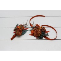  Wedding boutonnieres and wrist corsage  rust terracotta burnt orange color theme. Flower accessories. 0505