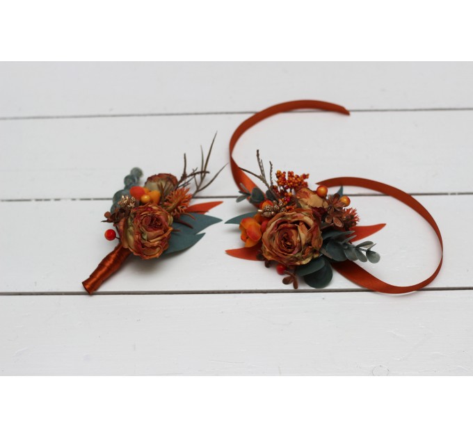 Wedding Boutonnieres & Wrist Corsage in Rust, Terracotta & Burnt Orange | Faux Flower Accessories