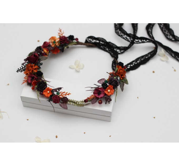 Burgundy, Black, Purple & Rust Flower Crown – Moody Faux Wedding Hair Wreath
