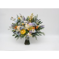 Yellow ivory dusty blue lavender wedding bouquets. 5446