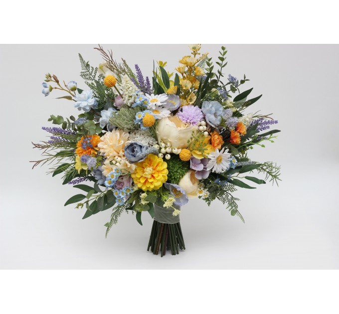 Yellow, Ivory, Dusty Blue & Lavender Bridal and Bridesmaid Bouquets