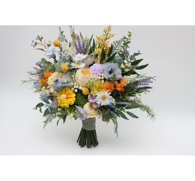 Yellow, Ivory, Dusty Blue & Lavender Bridal and Bridesmaid Bouquets