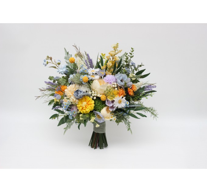 Yellow, Ivory, Dusty Blue & Lavender Bridal and Bridesmaid Bouquets