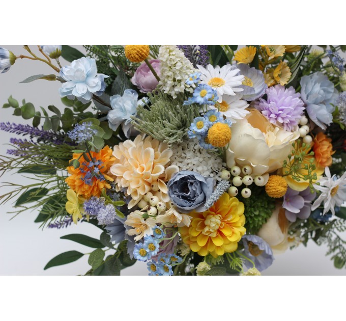 Yellow, Ivory, Dusty Blue & Lavender Bridal and Bridesmaid Bouquets