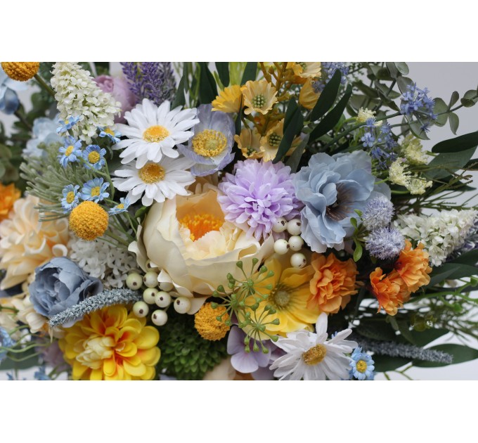 Yellow, Ivory, Dusty Blue & Lavender Bridal and Bridesmaid Bouquets