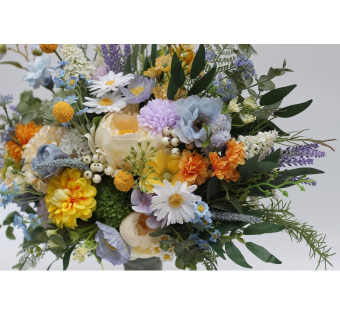 Yellow, Ivory, Dusty Blue & Lavender Bridal and Bridesmaid Bouquets