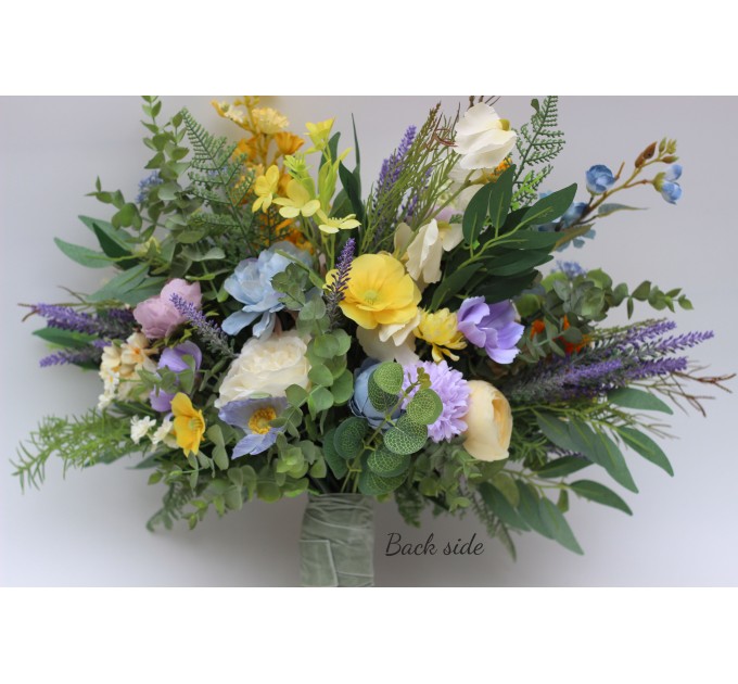 Yellow, Ivory, Dusty Blue & Lavender Bridal and Bridesmaid Bouquets
