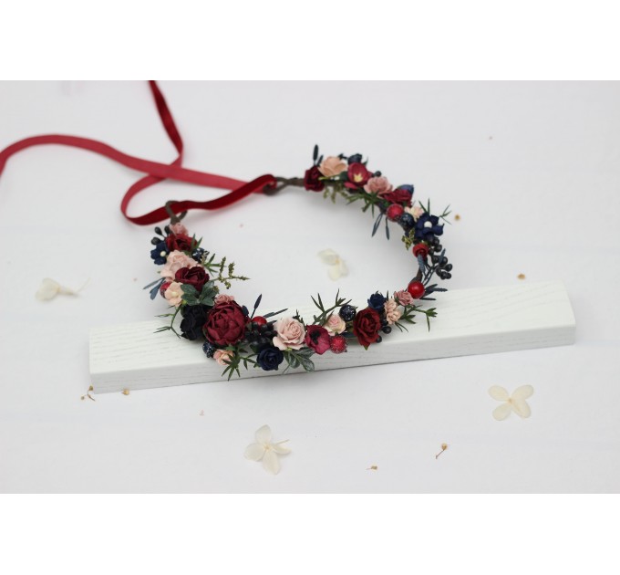 Burgundy, Navy Blue & Blush Pink Flower Girl Crown – Faux Wedding Hair Wreath