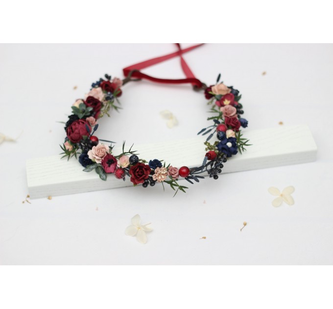 Burgundy, Navy Blue & Blush Pink Flower Girl Crown – Faux Wedding Hair Wreath