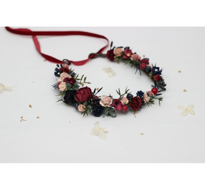 Burgundy, Navy Blue & Blush Pink Flower Girl Crown – Faux Wedding Hair Wreath