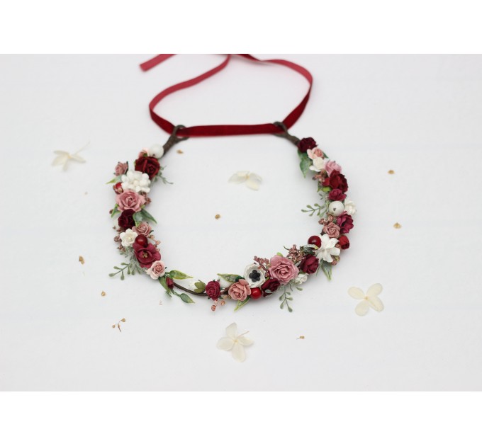Burgundy, White & Dusty Rose Flower Crown – Romantic Faux Hair Wreath