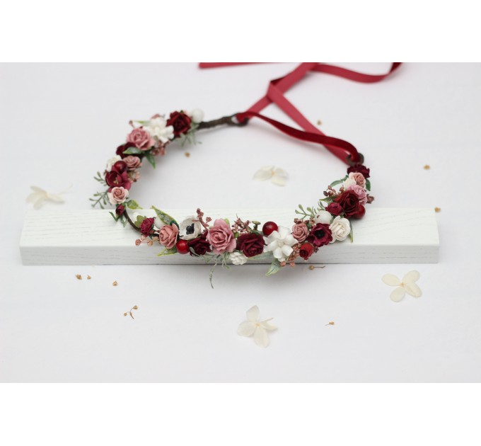 Burgundy, White & Dusty Rose Flower Crown – Romantic Faux Hair Wreath