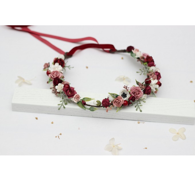 Burgundy, White & Dusty Rose Flower Crown – Romantic Faux Hair Wreath
