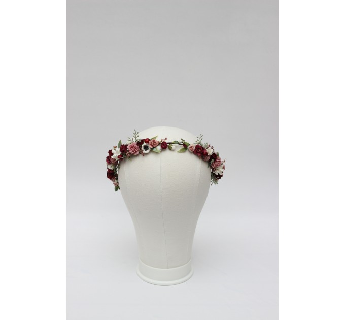 Burgundy, White & Dusty Rose Flower Crown – Romantic Faux Hair Wreath