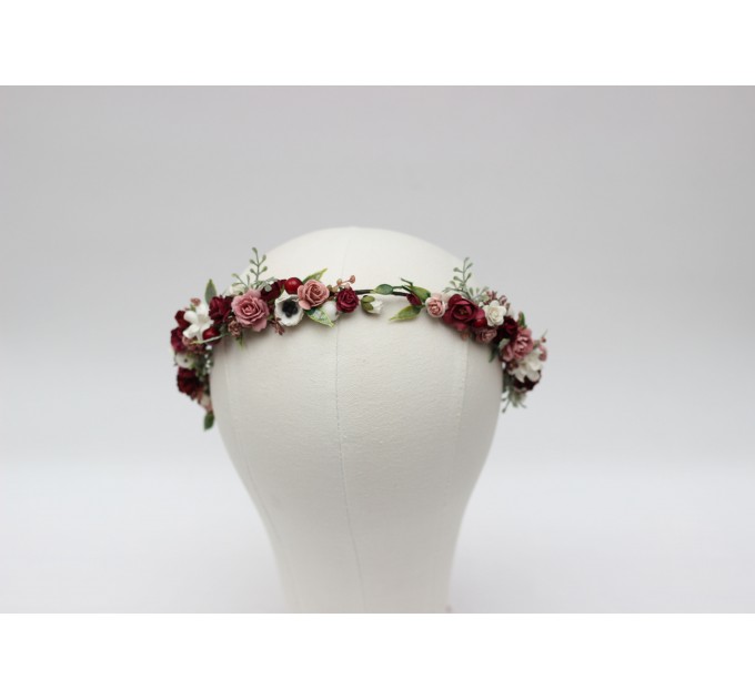 Burgundy, White & Dusty Rose Flower Crown – Romantic Faux Hair Wreath