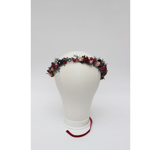 Burgundy, Navy Blue & Blush Pink Flower Girl Crown – Faux Wedding Hair Wreath