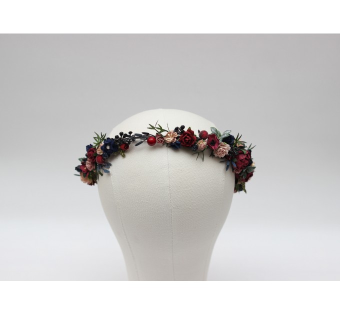 Burgundy, Navy Blue & Blush Pink Flower Girl Crown – Faux Wedding Hair Wreath