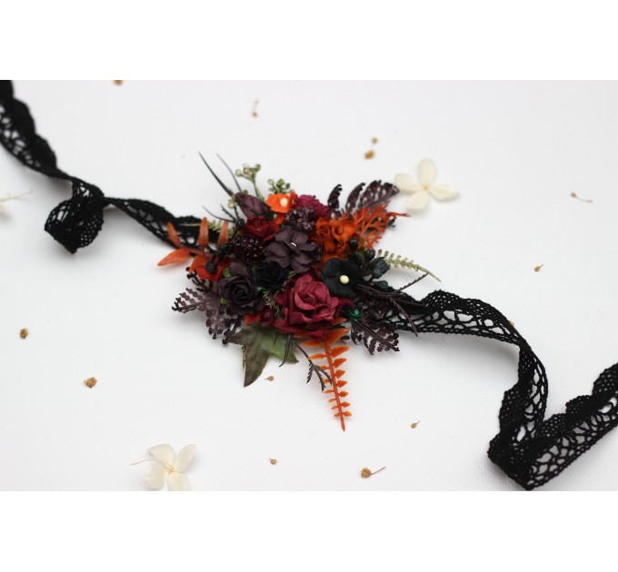 Burgundy, Rust, Purple & Black Wrist Corsage – Moody Faux Floral Bracelet