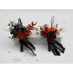  Wedding boutonnieres in burgundy rust purple black colors. 5443