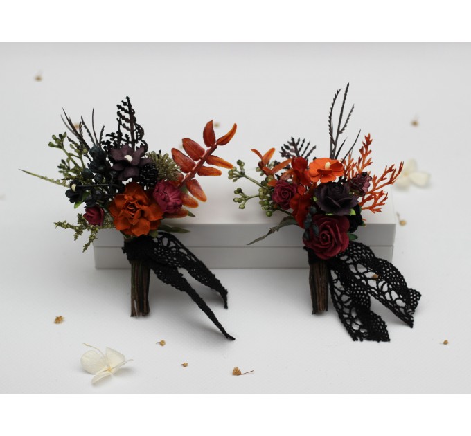 Burgundy, Rust, Purple & Black Wedding Boutonnieres – Moody Faux Floral Accessories