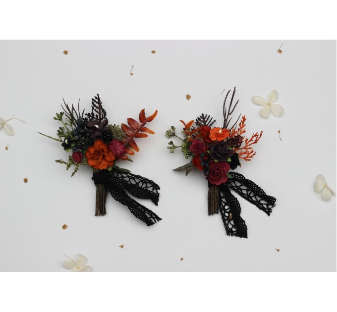 Burgundy, Rust, Purple & Black Wedding Boutonnieres – Moody Faux Floral Accessories
