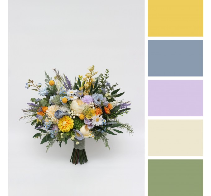 Yellow, Ivory, Dusty Blue & Lavender Bridal and Bridesmaid Bouquets