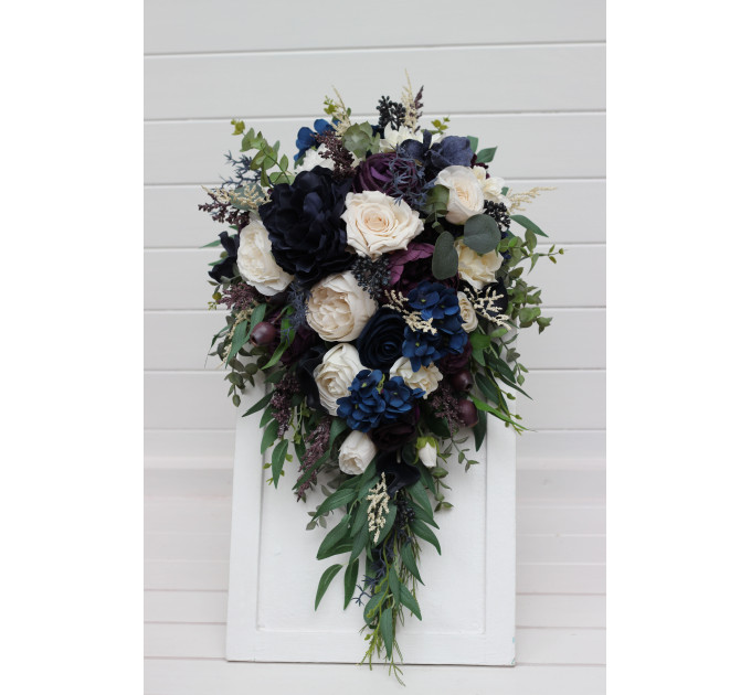 Plum, Ivory & Navy Blue Cascading Bridal and Bridesmaid Bouquets