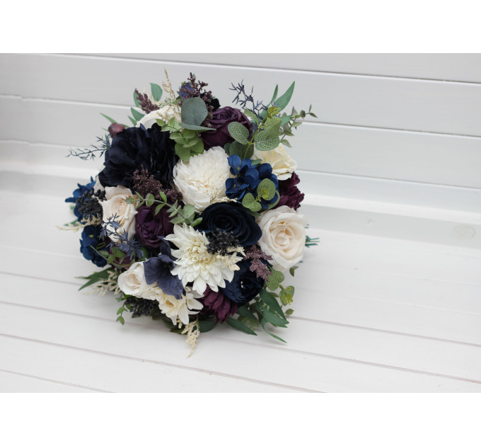 Plum, Ivory & Navy Blue Cascading Bridal and Bridesmaid Bouquets
