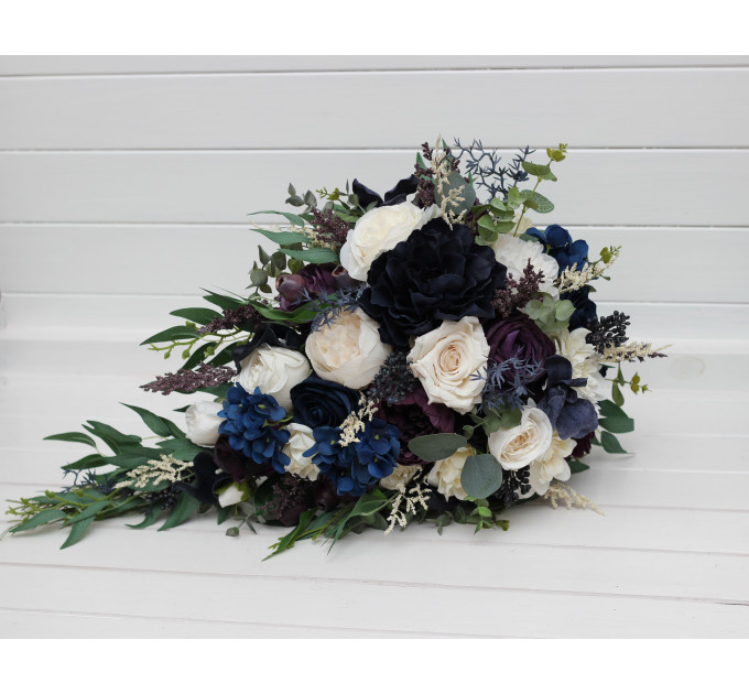 Plum, Ivory & Navy Blue Cascading Bridal and Bridesmaid Bouquets