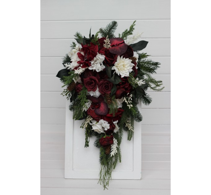 Winter Cascading Bouquet with Burgundy, Ivory Flowers and Pine