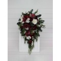 Winter Cascading Bouquet with Burgundy, Ivory Flowers and Pine