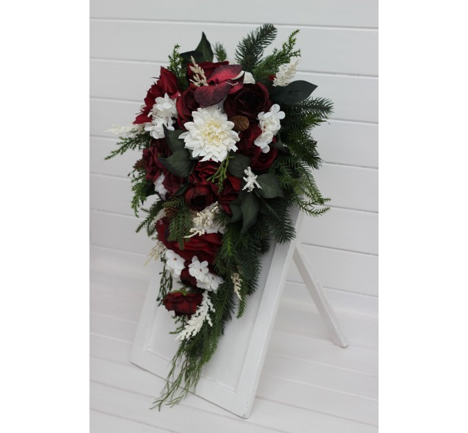 Winter Cascading Bouquet with Burgundy, Ivory Flowers and Pine