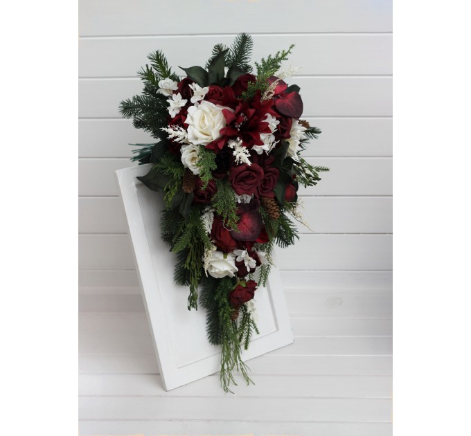Winter Cascading Bouquet with Burgundy, Ivory Flowers and Pine