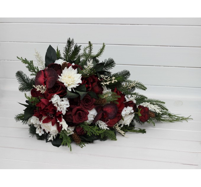 Winter Cascading Bouquet with Burgundy, Ivory Flowers and Pine