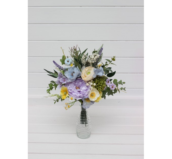 Yellow, Ivory, Dusty Blue & Lavender Wedding Table Mini Bouquets