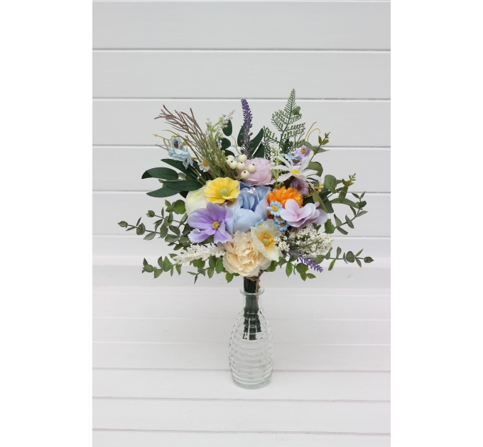 Yellow, Ivory, Dusty Blue & Lavender Wedding Table Mini Bouquets