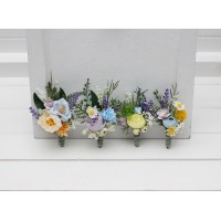  Wedding boutonnieres in yellow ivory dusty blue lavender. Wildflowers. 5446